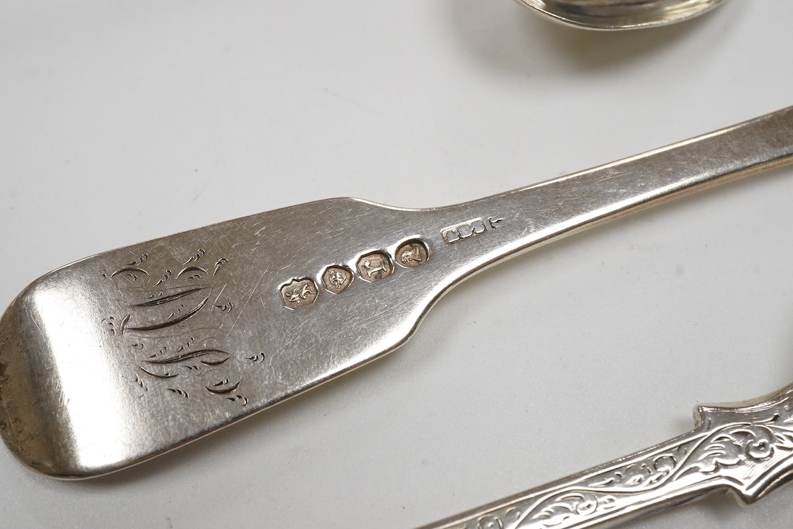 Eight assorted items of 19th century and later silver flatware including a Georgian silver fish slice(repair), various dates and makers, together with a Danish white metal spoon, a silver napkin ring and a small pierced